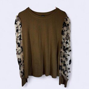 Shein Curve 3 Xl Brown Ribbed Blouse Sheer Sleeves